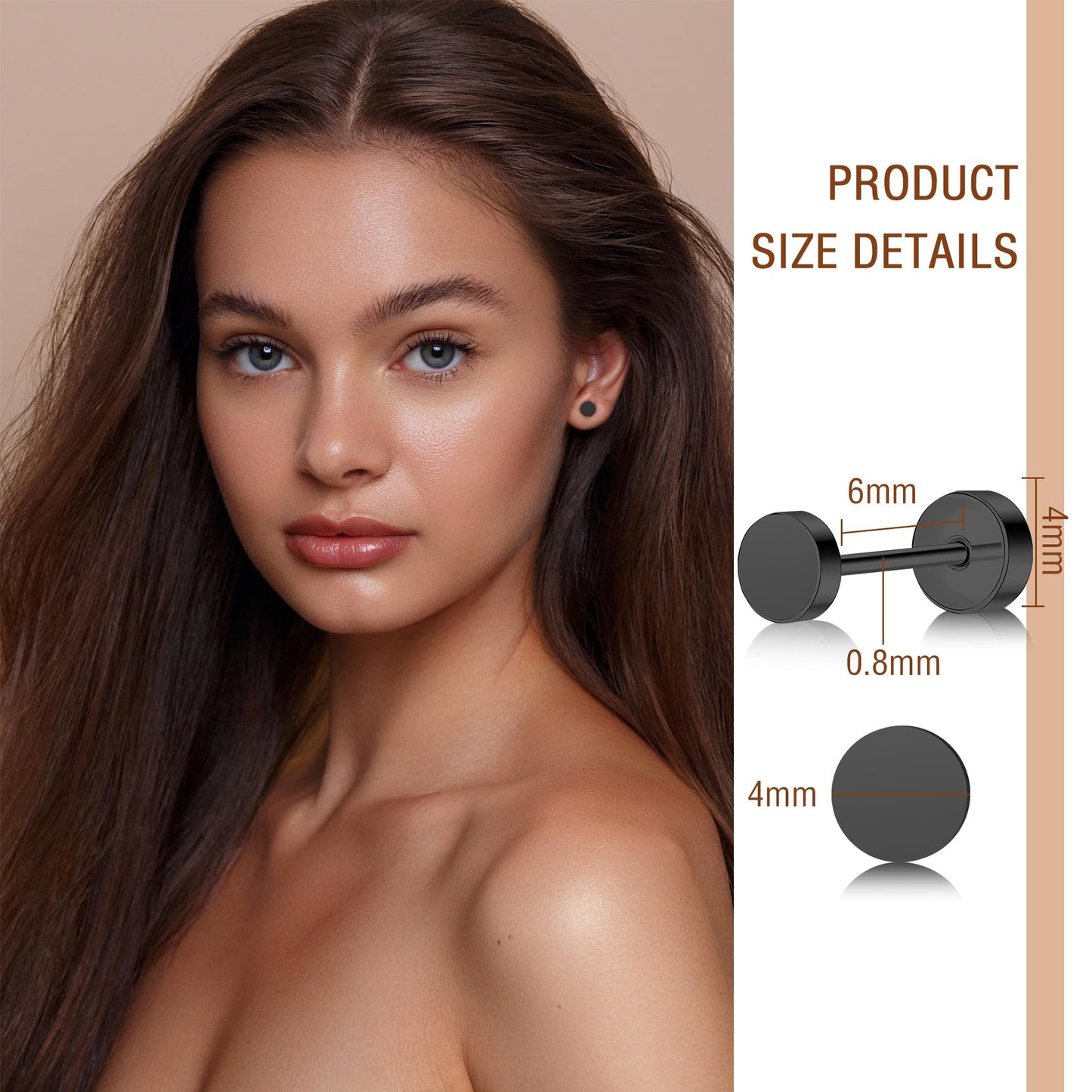 ZDE Women Earrings Flat Back Dot Earrings Titanium Hypoallergenic Cartilage Non-Nickel Earrings Studs for Sensitive Ears Simple Classic Screw On Stud Earring (Black, 4MM)