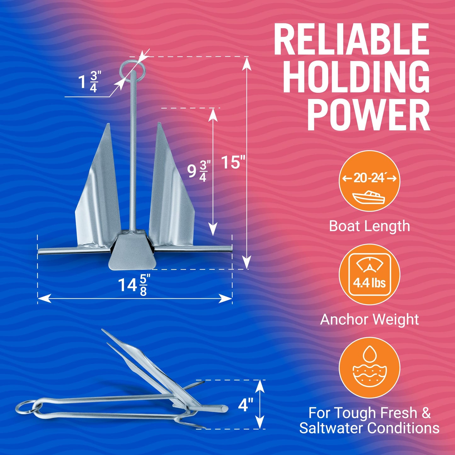 Boat Anchor with Slip Ring, Fluke Design for Pontoon, Jon Boat, or Small Boats, Galvanized Steel Marine Grade, Suitable for Sea and Lake, 5 lb Anchor for Boats 20-24 ft