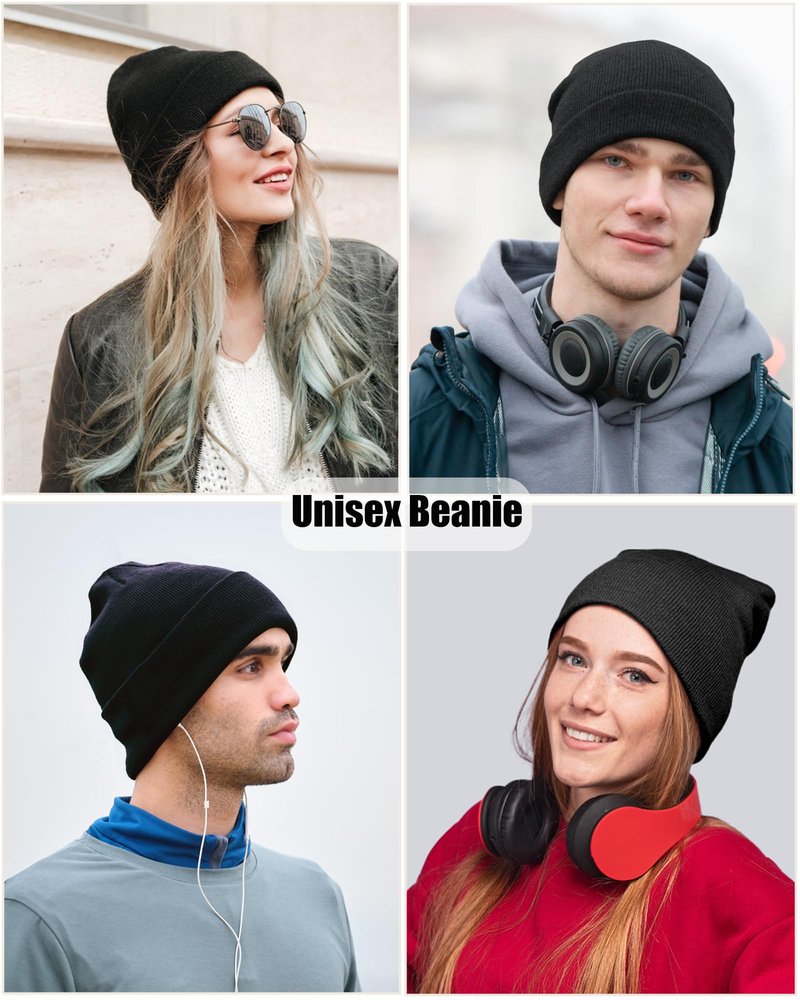 Satin Lined Beanie Hat for Women Men, Wool Knit Cuffed Silk Lining Fisherman Beanies Slouchy Warm Winter Hats Skull Cap Unisex, Black