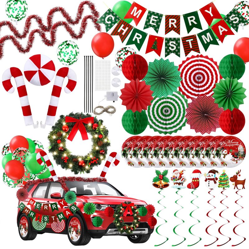 Suncalla 47 Pcs Christmas Parade Golf Cart Decoration Kit with LED Xmas Car Wreath Bow String Candy Canes Merry Christmas Banner Fans Balloons Tinsel Hanging Swirl Garland for Truck Vehicle