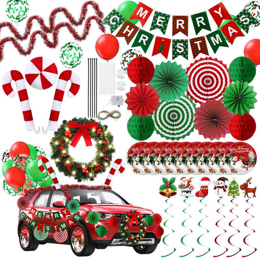 Suncalla 47 Pcs Christmas Parade Golf Cart Decoration Kit with LED Xmas Car Wreath Bow String Candy Canes Merry Christmas Banner Fans Balloons Tinsel Hanging Swirl Garland for Truck Vehicle