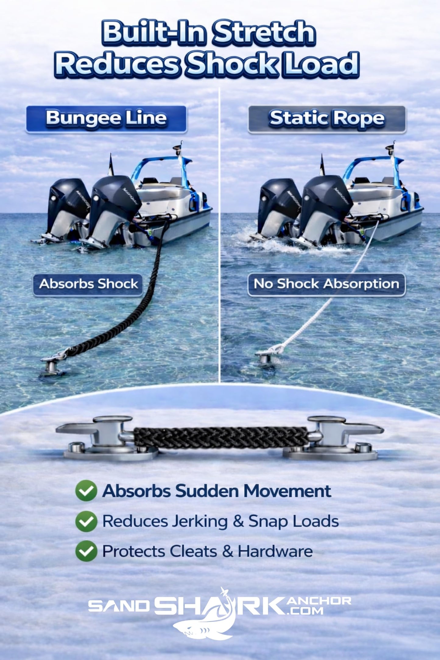 SandShark Premium Anchor Bungee Dock Line. Boat Accessories Anchor Line Absorbs Shock to Anchors and Docks w/Stainless Steel Clip - Black - 7-14ft