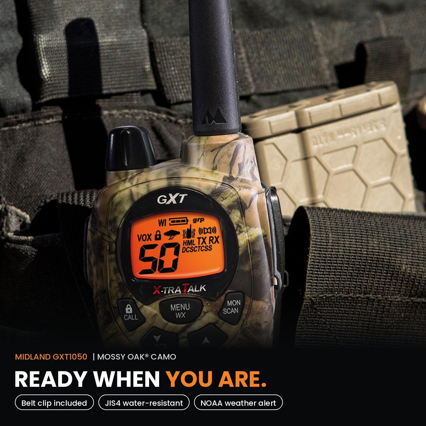 Midland GXT1050VP4 GMRS Two-Way Radio (50-Channel, Long Range, 142 Privacy Codes, SOS, NOAA, Rechargeable Nickle Battery, Mossy Oak Camo, 2-Pack)