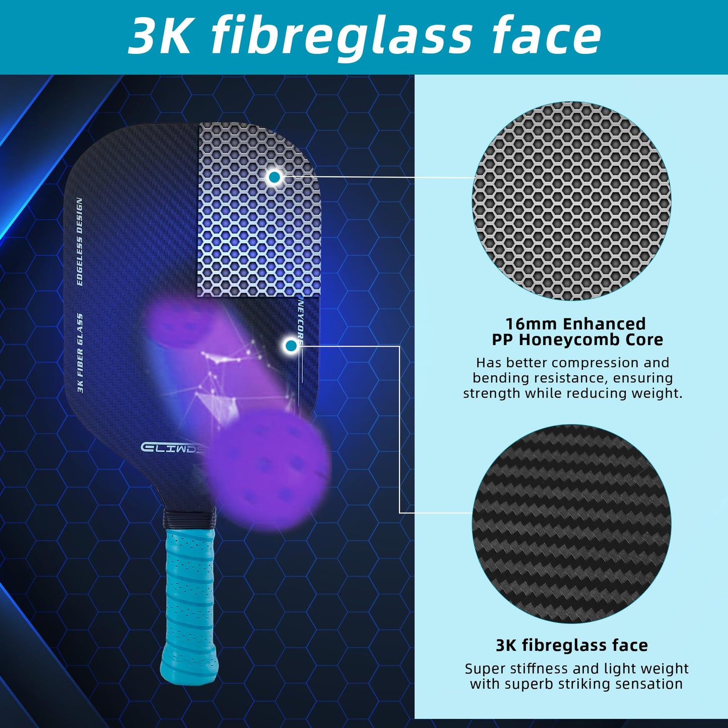 Eliwshen Pickleball Pddles Set of 2, Made to USAPA Standards 3k Fibreglass Textured Surface, Aesthetic Rimless Design, 16 mm Polypropylene Honeycomb Core, Racket Set for Women, Men, Children, Adults