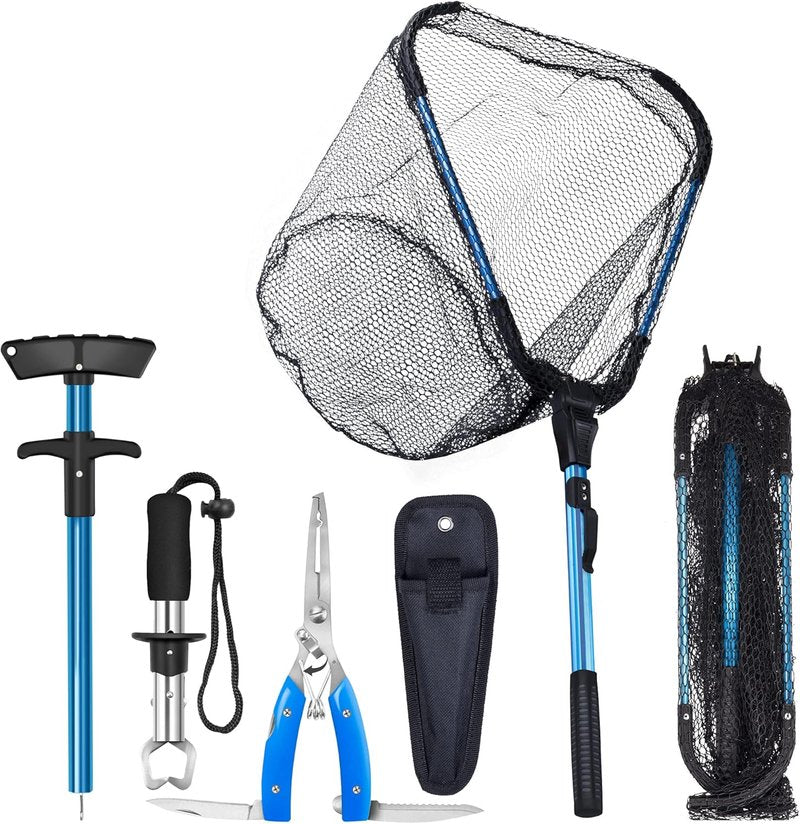 Foldable Kayak Landing Net - 4-Piece Fishing Tool Kit with Pliers, Fish Gripper & Hook Remover | Freshwater & Saltwater Use
