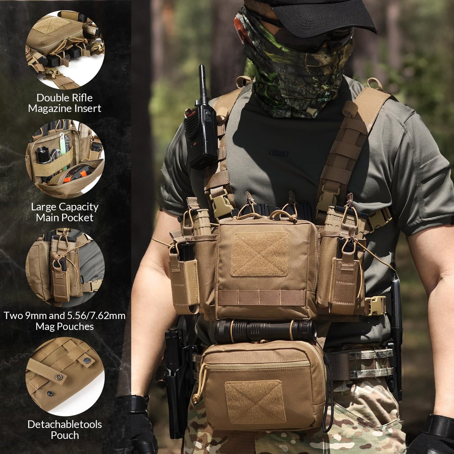 VOTAGOO GEAR Chest Rig-Tactical Chest Rig, Adjustable & Detachable Molle Micro Chest Rigs, with 5.56/7.62 Magazine Pouch, Pistol Pouch