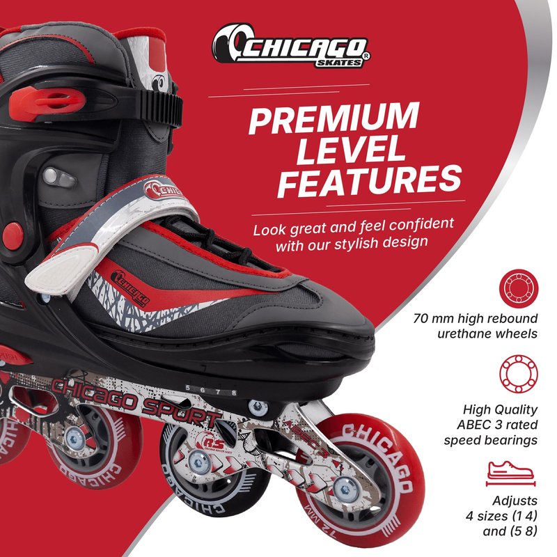 Chicago Inline Roller Skates for Kids – Durable, Top Performance Indoor/Outdoor Use Roller Blades for Girls & Boys with Breathable High-Top Boots, 70mm Urethane Wheels & ABEC-3 Bearings