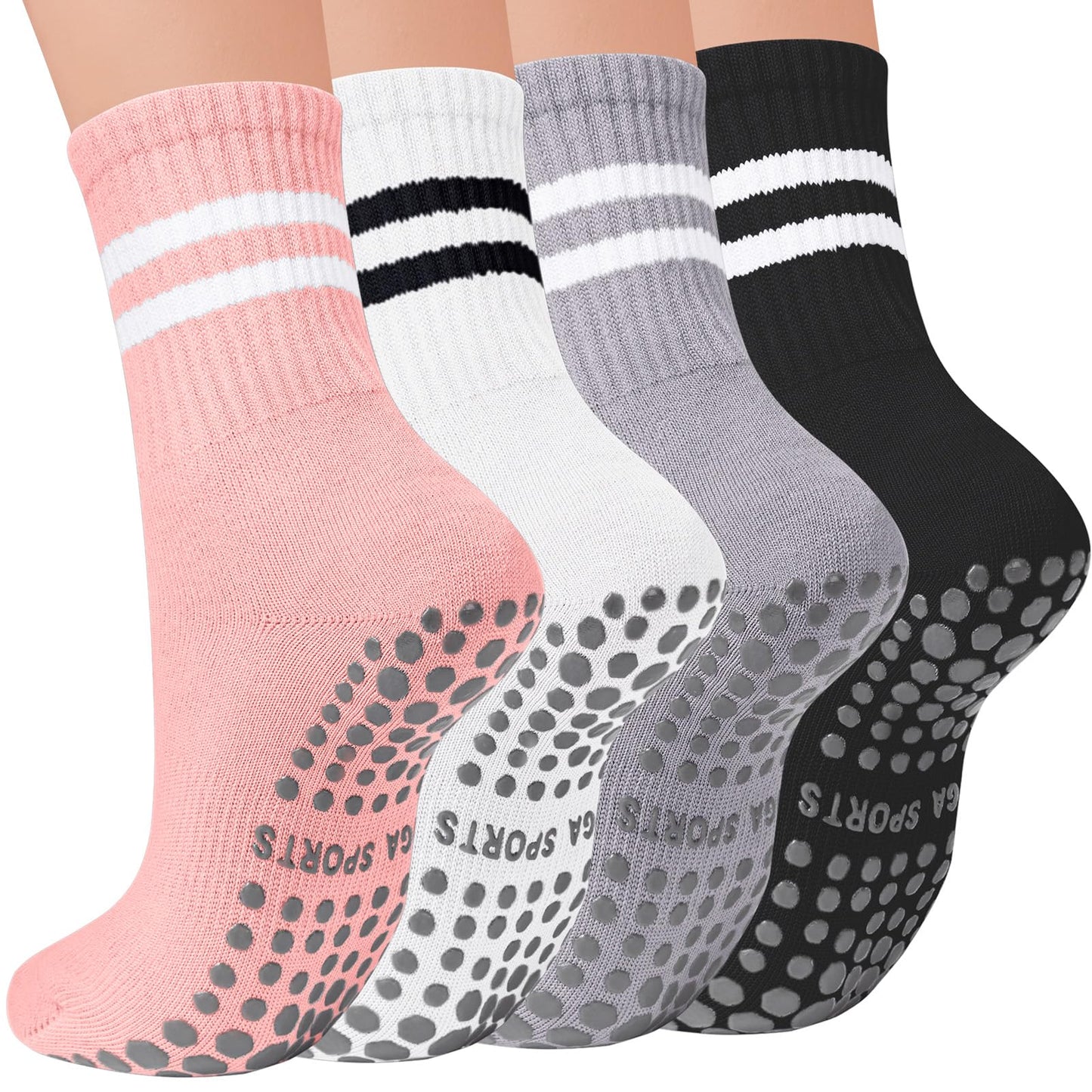 Mancreda Pilates Socks for Women with Non-Slip Grips 84% Cotton Yoga Socks for Barre, Hospital & Barefoot - One Size Fits Most (4 Pairs,PK)