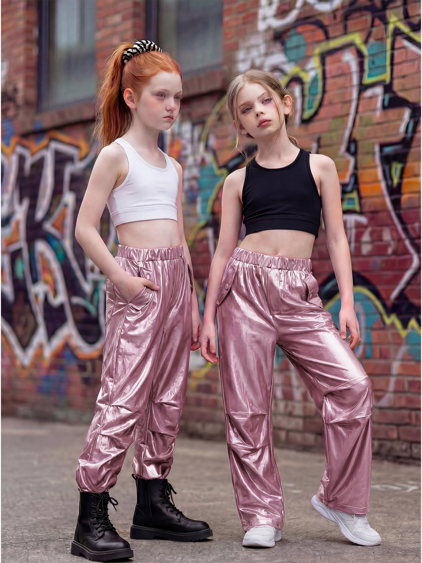 Stelle Girls Metallic Hip Hop Pants Shiny Cargo Joggers Pant