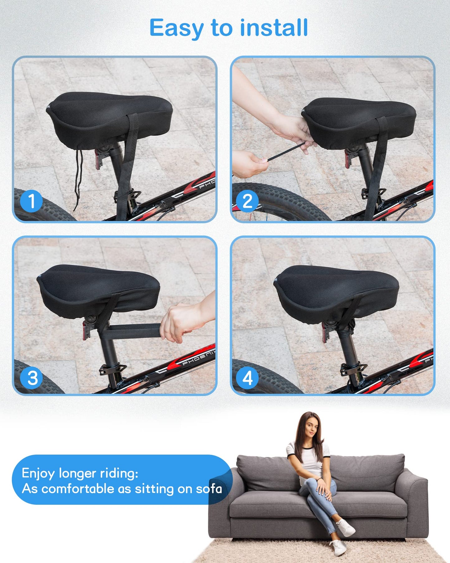 CUNCUI Bike Seat Cushion, Gel Seats Cover, Bicycle Covers, Bike Seat Cushion for Women Men Comfort Compatible, Suitable for Outdoor and Indoor (11x10 inch)