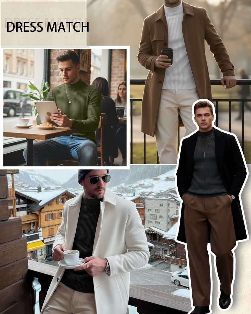 Sweetyweee 4 Pack Men's Mock Turtleneck T-Shirts Cotton Ribbed Knitted Long Sleeve Pullover Slim Fit Casual Basic Sweaters(Army Green, White, Dark Gray, Black,Medium)
