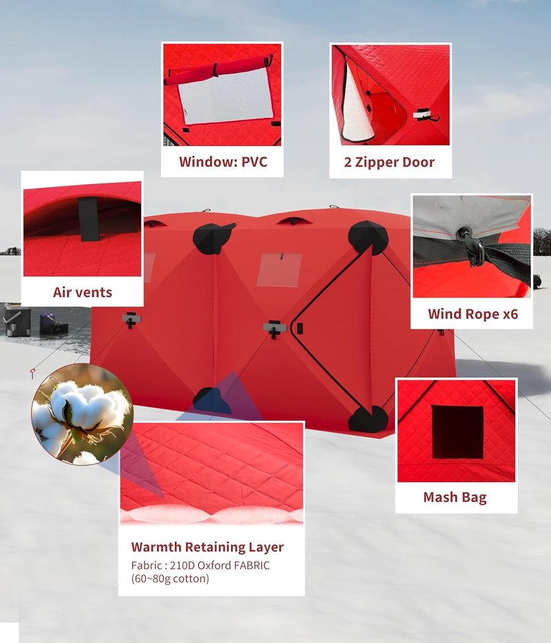 Pop Up Ice Fishing Tent - Insulated Portable Hub-Style Shelter | Windproof & Warm for 3-4 People, Blue, 6x6x6.6 Ft