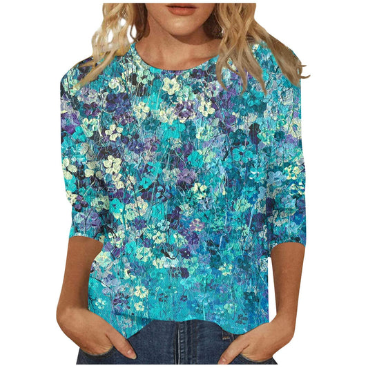 Quarter Sleeve Shirts for Women 3/4 Length Sleeve Womens Tops 2024 Floral Print Vintage Casual Loose with Round Neck Plus Size Shirts