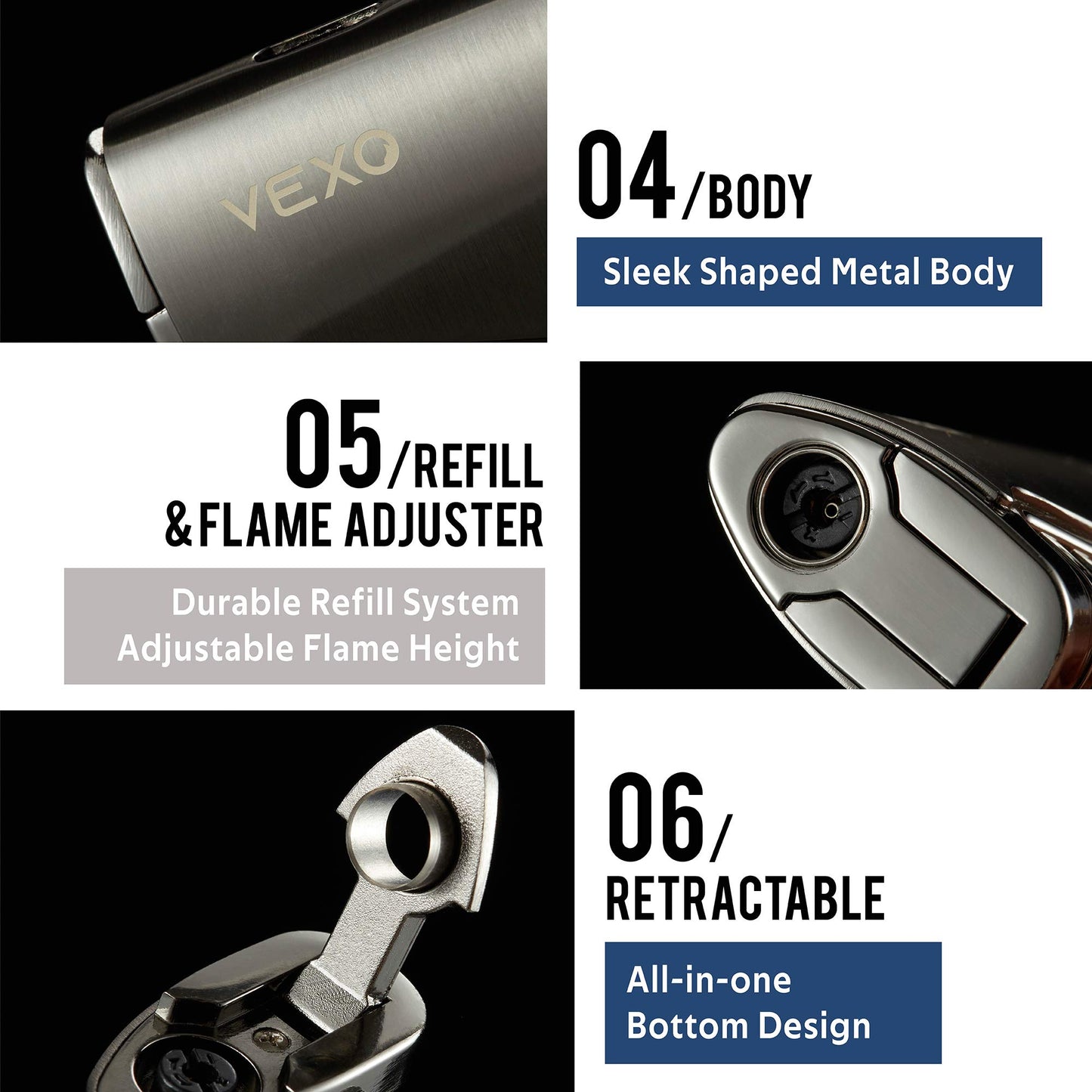 VEXO-Unique Torch Lighter Triple 3 Jet Flame Butane Lighter with Gas Window, Refillable and Windproof Butane Fuel Lighter, Great Gift Idea (Butane NOT Included) (Black)