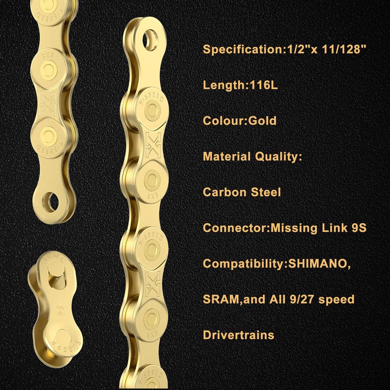 6/7/8/9/10/11/12speed Bike Chain -Bicycle Chain Compatible with Shimano, SRAM, Campagnolo and All Major Systems for Road Mountain Gravel Bike,Missing Link Included (Gold, 9 Speed)