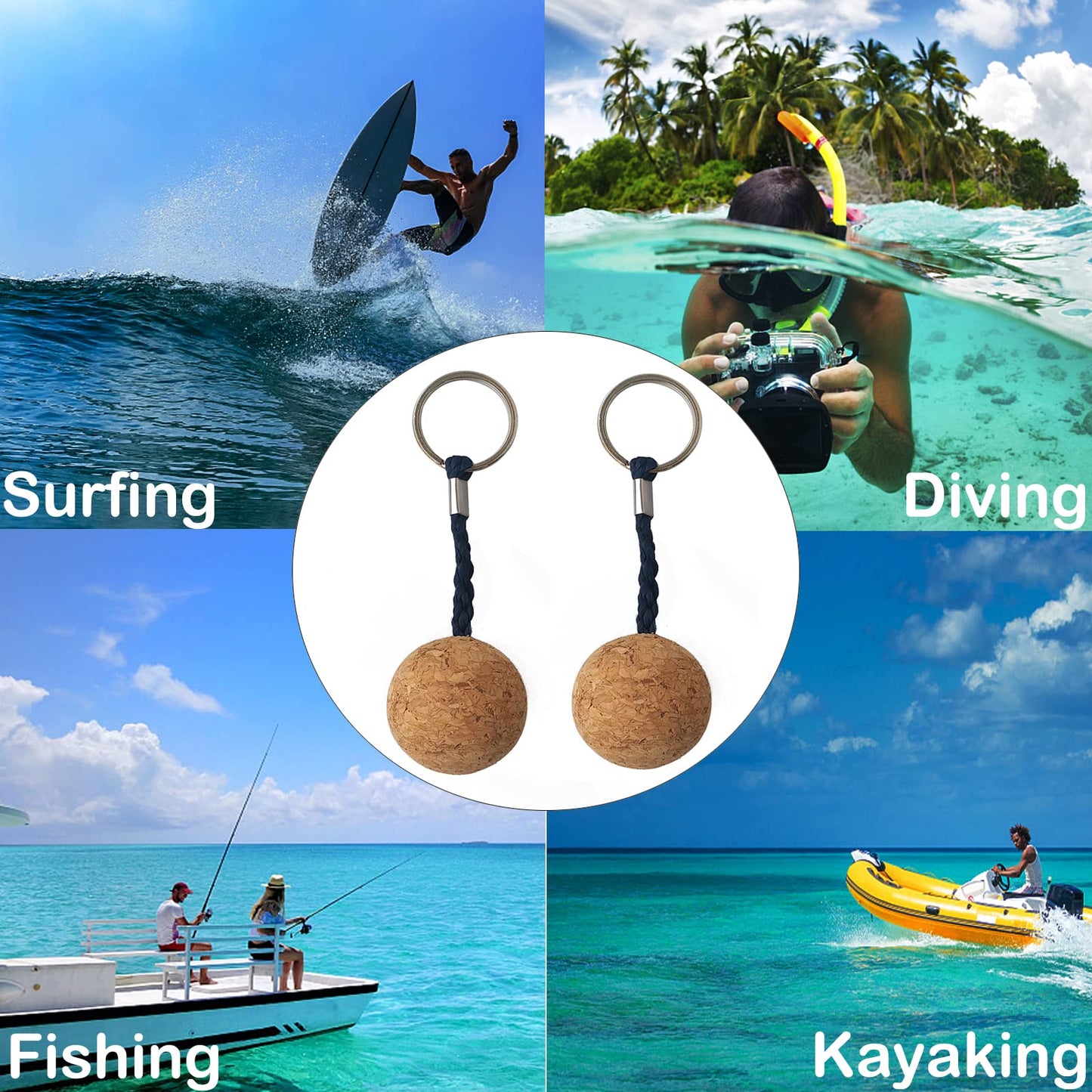 35mm Floating Cork Ball Keyring Float Keychain for Kayaking Boating Fishing Kite Surfing Sailing Kayak, Pack of 2