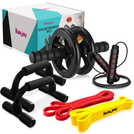 Hulajoy - Calisthenics Equipment | Exercise Equipment, Workout Equipment, Home Gym | Resistance Bands, Jump Rope, Ab Roller Wheel, Push up Grips | Equipment for Full-Body Workout | Set 5 in 1