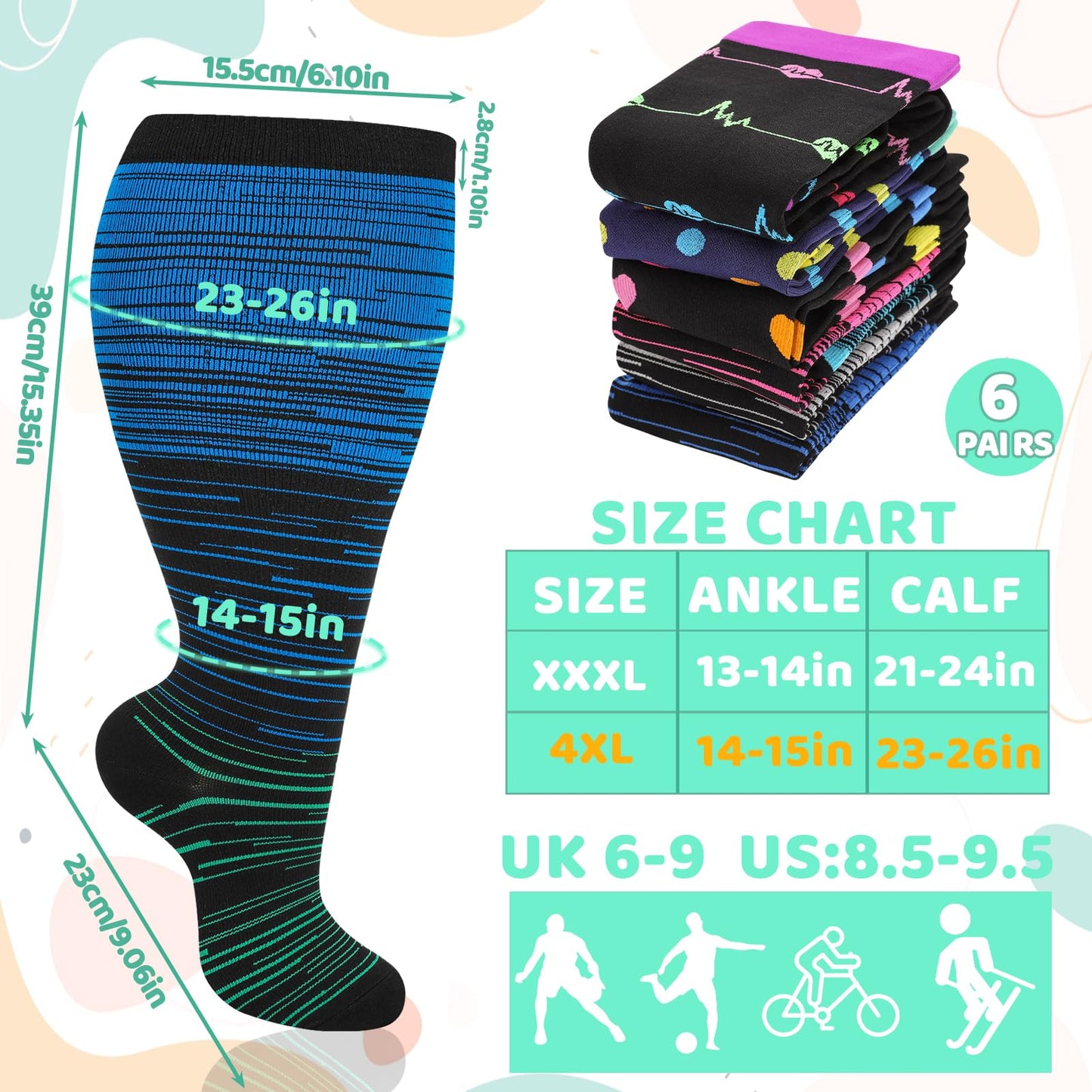 Jspupifip 6 Pairs Plus Size Compression Socks for Women Wide Calf Extra Large Knee High Support for Travel Yoga Running Circulation, 3X-Large