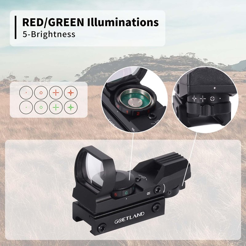 Goetland Reflex Sight Adjustable 4 Reticle Patterns Green Red Dot Illuminated 33mm Lens with 20mm Rail for Airsoft Tactical Hunting