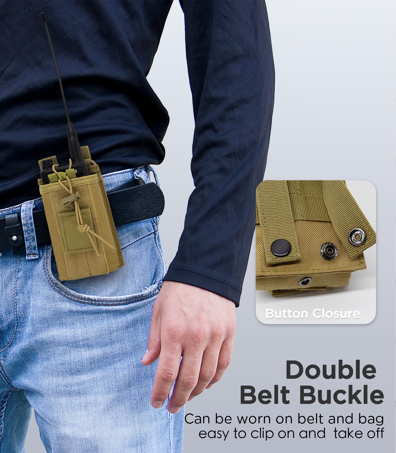 INGIDO Molle Radio Pouch Holster, Adjustable Storage Belt Holder Case Heavy Duty Nylon for Universal Two Ways Walkie Talkie, Tan