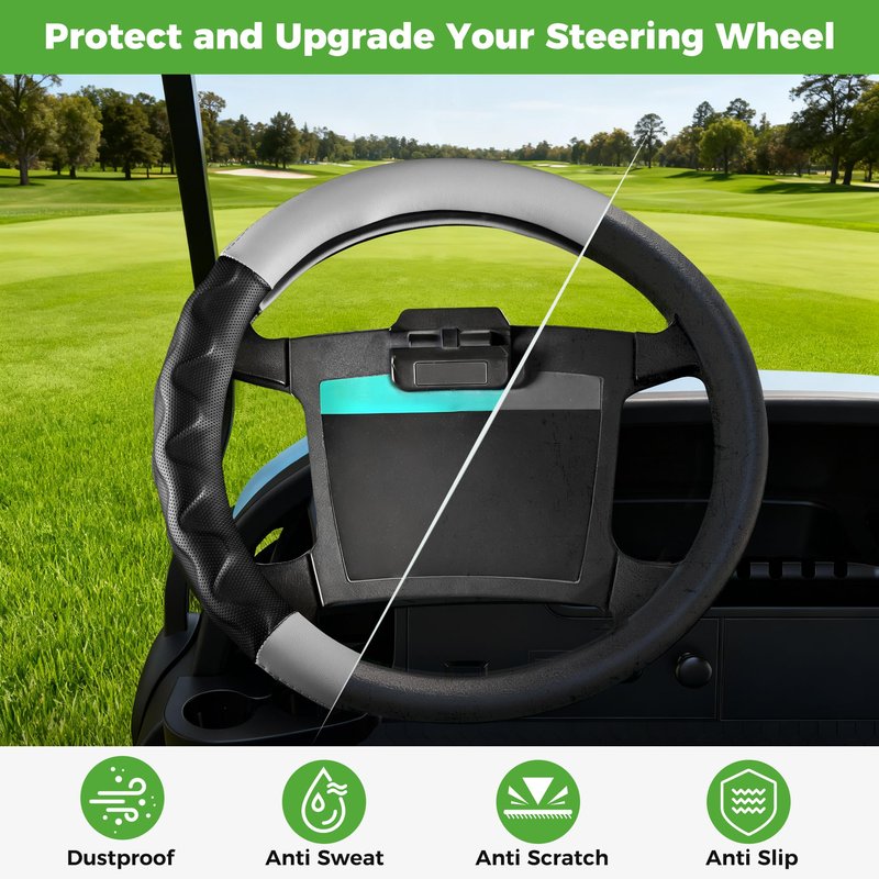 10L0L Golf Cart Steering Wheel Cover 14 inch for Club Car DS Precedent and Yamaha Models, PU Leather Rubber Anti-Slip Grip, Breathable All-Season Protector, Black+Grey