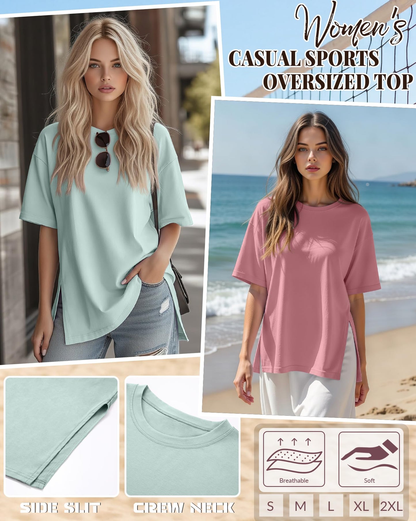 Huukeay 3 Pack Women's Oversized Gym T Shirts Short Sleeve Side Split Crewneck Tops Casual Summer Workout Baggy Basic Tee