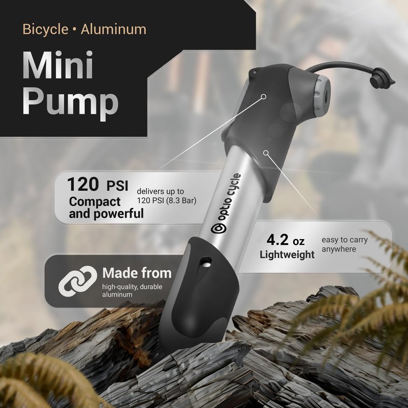Optio Cycle Mini Bike Pump 120 PSI / 8.3 Bar – Compact Portable Frame-Mounted Bicycle Hand Air Pump for Presta and Schrader Valve | Small Manual Tire Tool for Road, Track, Mountain Bike, BMX, Ebike
