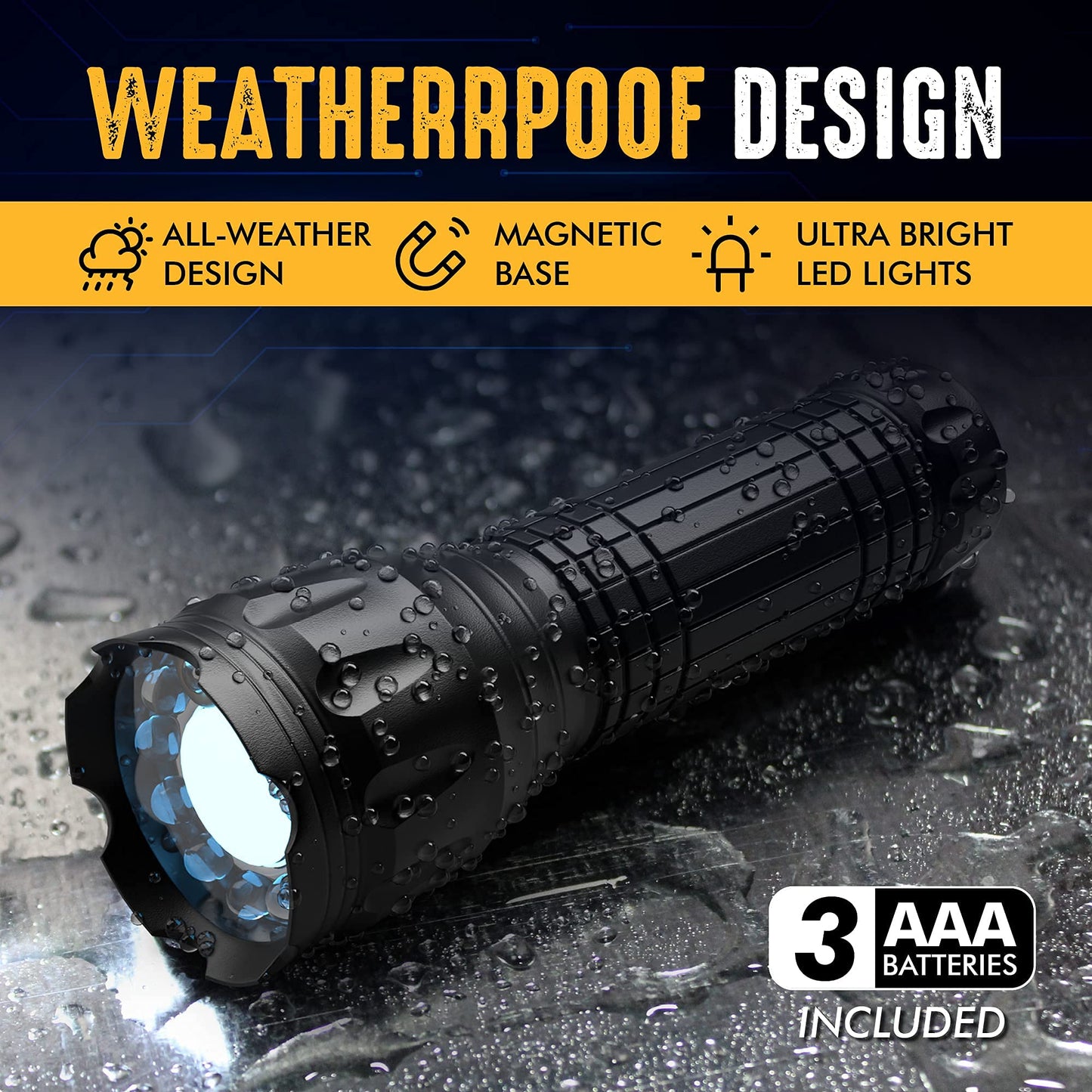 SAMLITE- LED Tactical Flashlight with 5 Options, Bright LED Light, Laser Pointer, UV Blacklight, Green Light and Magnetic Bottom - Water Resistant - (3 AAA Batteries Included)