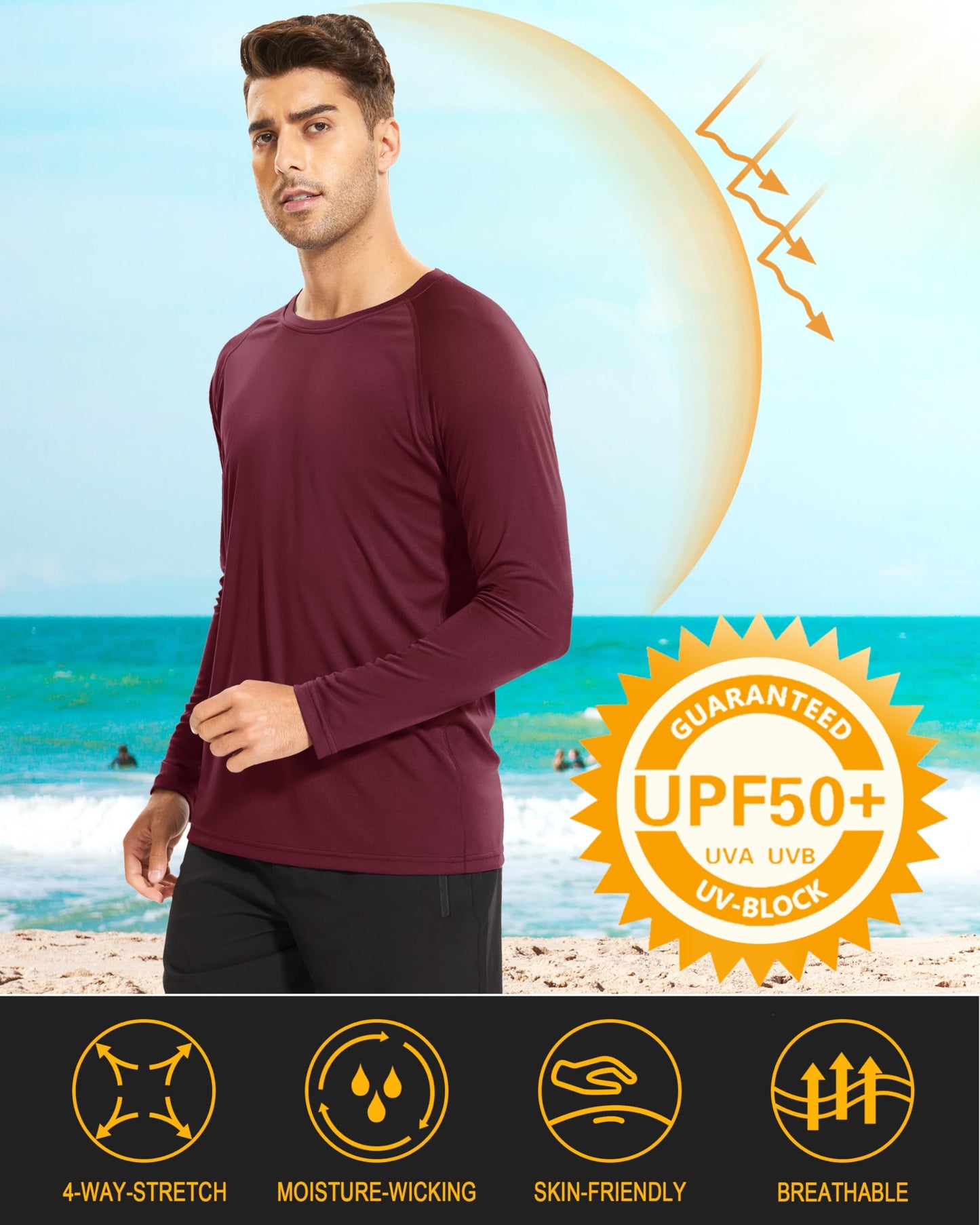 Fishing Shirts for Men Long Sleeve Men Quick Dry Rash Guard Thermal Shirts UV Protection Clothing Sun Protection Summer Shirts for Men Wine