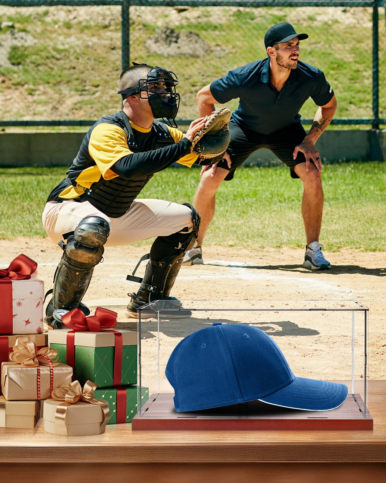 Fitense Acrylic Baseball Hat Display Case Solid Wood Base Cap Shaper