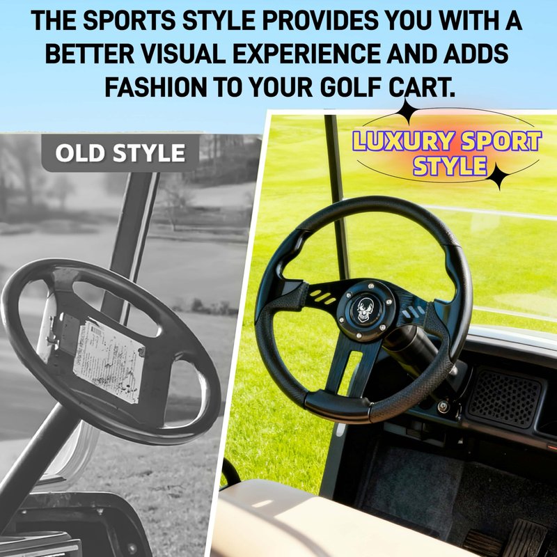 WUKO HUNT Luxury Style Golf Cart Steering Wheel - With Horn Button, with Premium Grip Leather and Ergonomic Design, Fit EZGO TXT/RXV/Club Car DS/Precedent/Yamaha Most Golf Carts (Black-Skull/SS)