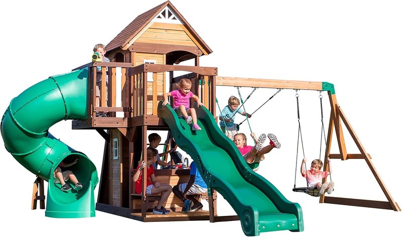 Cedar Cove Wood Swing Set - Backyard Playset with Spiral Tube, Wave Slide, Clubhouse & More | For Kids 10+ Years
