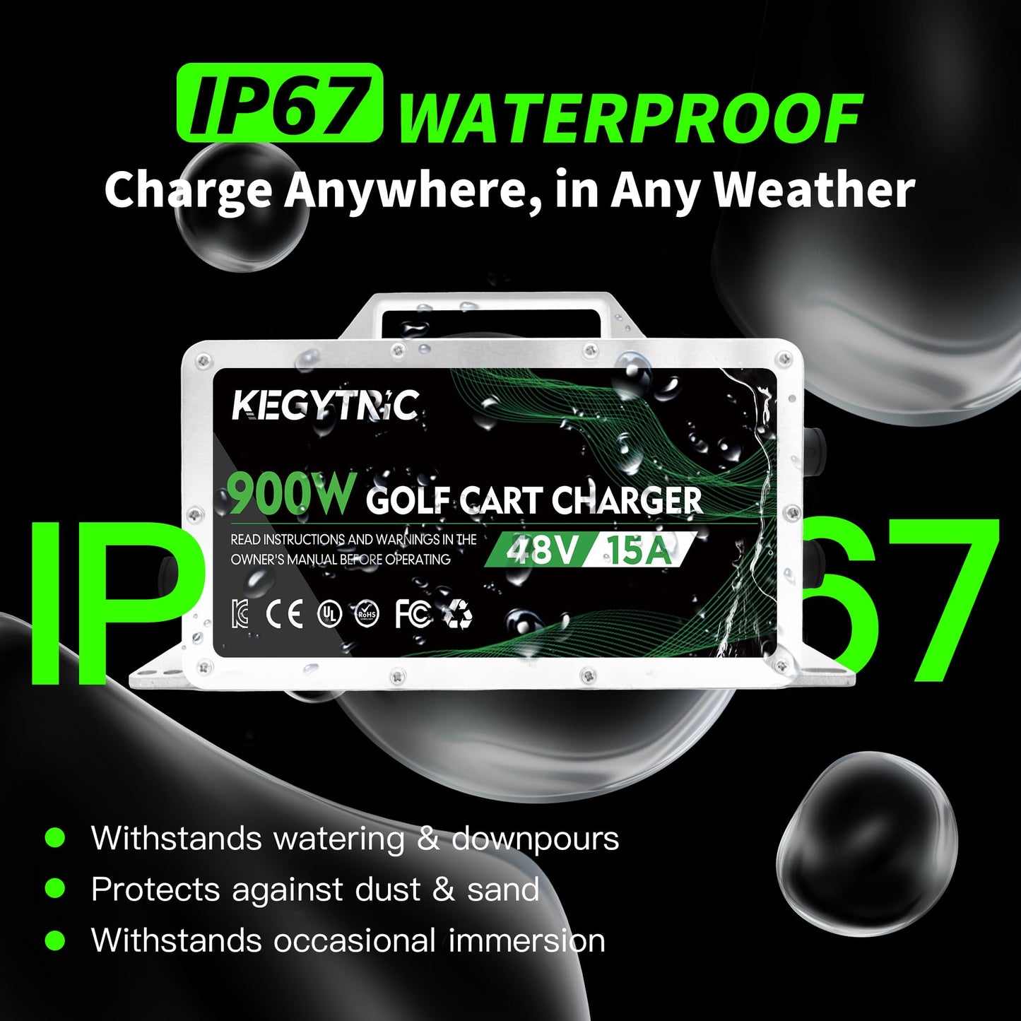 Golf Cart Battery Charger, 15 AMP 48 Volt Golf Cart Charger for EZGO RXV & TXT with 3-Pin Triangular Plug, 900W EZGO Charger, 20% Faster & Safer for Lead Acid Battery, Auto Power-Off & IP67 Waterproof