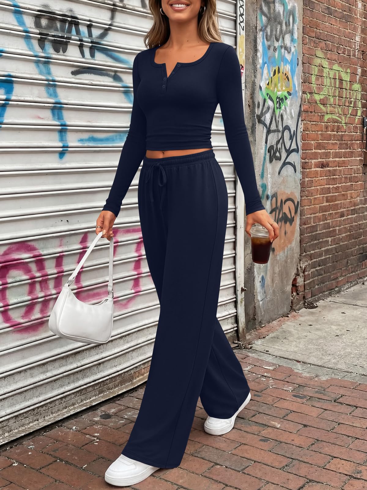 Trendy Queen Women's 2 Two Piece Matching Lounge Sets 2026 Airport Travel Fall Fashion Outfits Crop Top Wide Leg Pants Sweat Suits Workout Gym Y2k Clothes Casual Sweatsuit Loungewear Winter Clothing