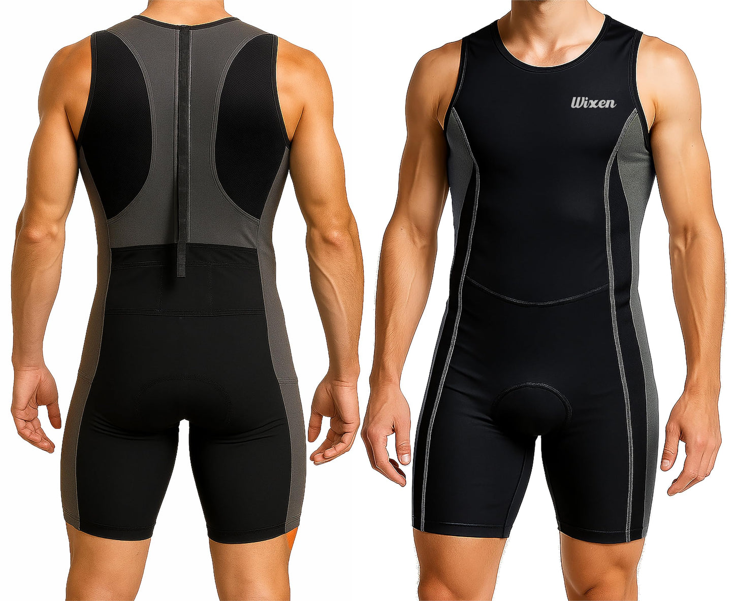 Wixen Men’s Triathlon Suit – Padded One-Piece Sleeveless Trisuit with Rear Zipper for Running, Swimming, Cycling – Gray-L