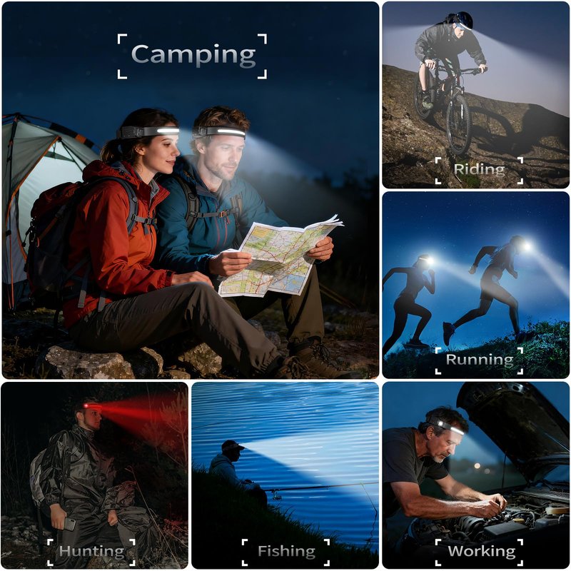 LHKNL Rechargeable Headlamp 2Pcs- 230° Wide Beam Led Head Lamp with White Red Light, Long Lasting Hard Hat Light, Motion Sensor, 6 Mode Headlight Flashlight for Adults Camping,Hiking,Running