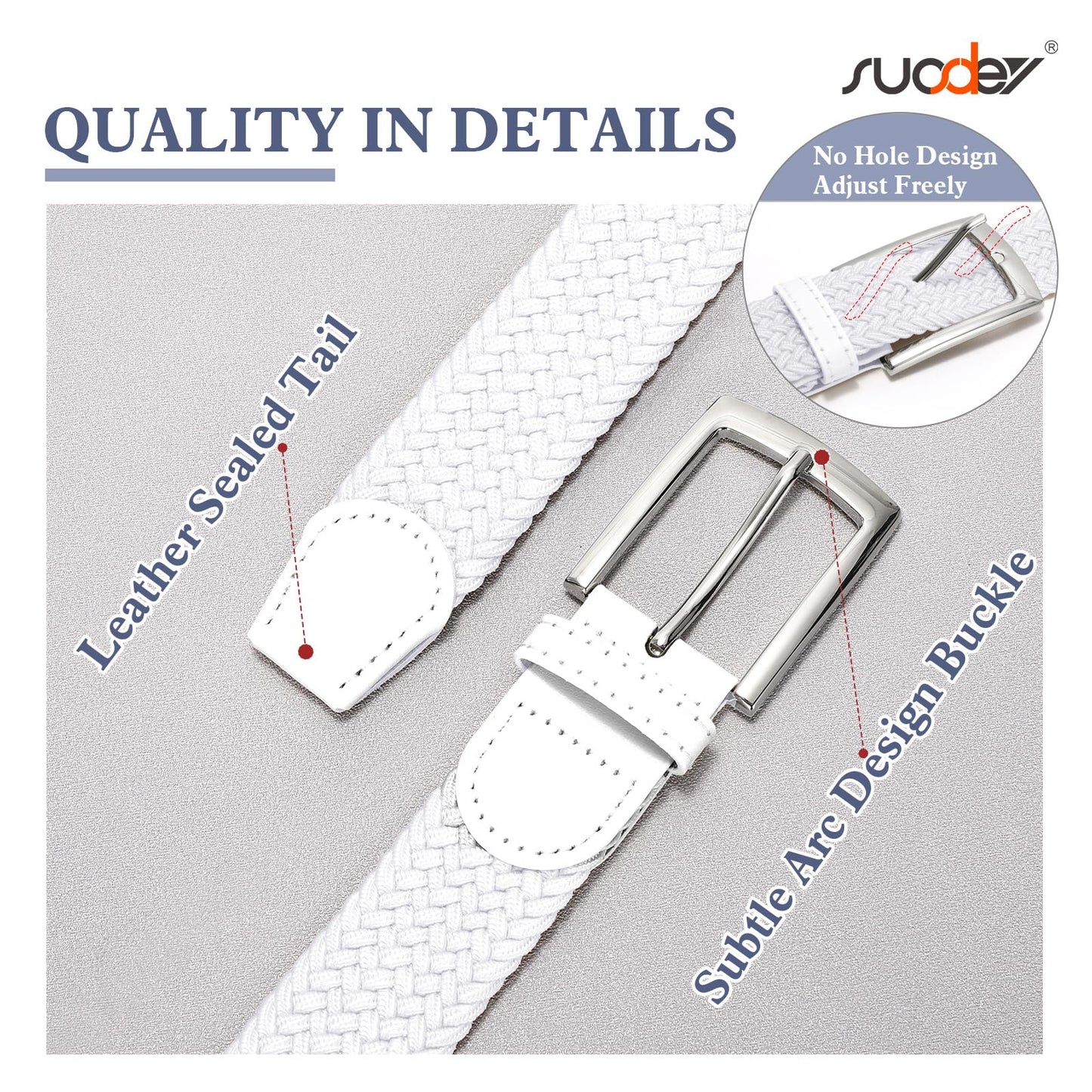 SUOSDEY Elastic Fabric Braided Belts for Men, Stretch Woven Belts for Golf Casual Jeans Shorts,white