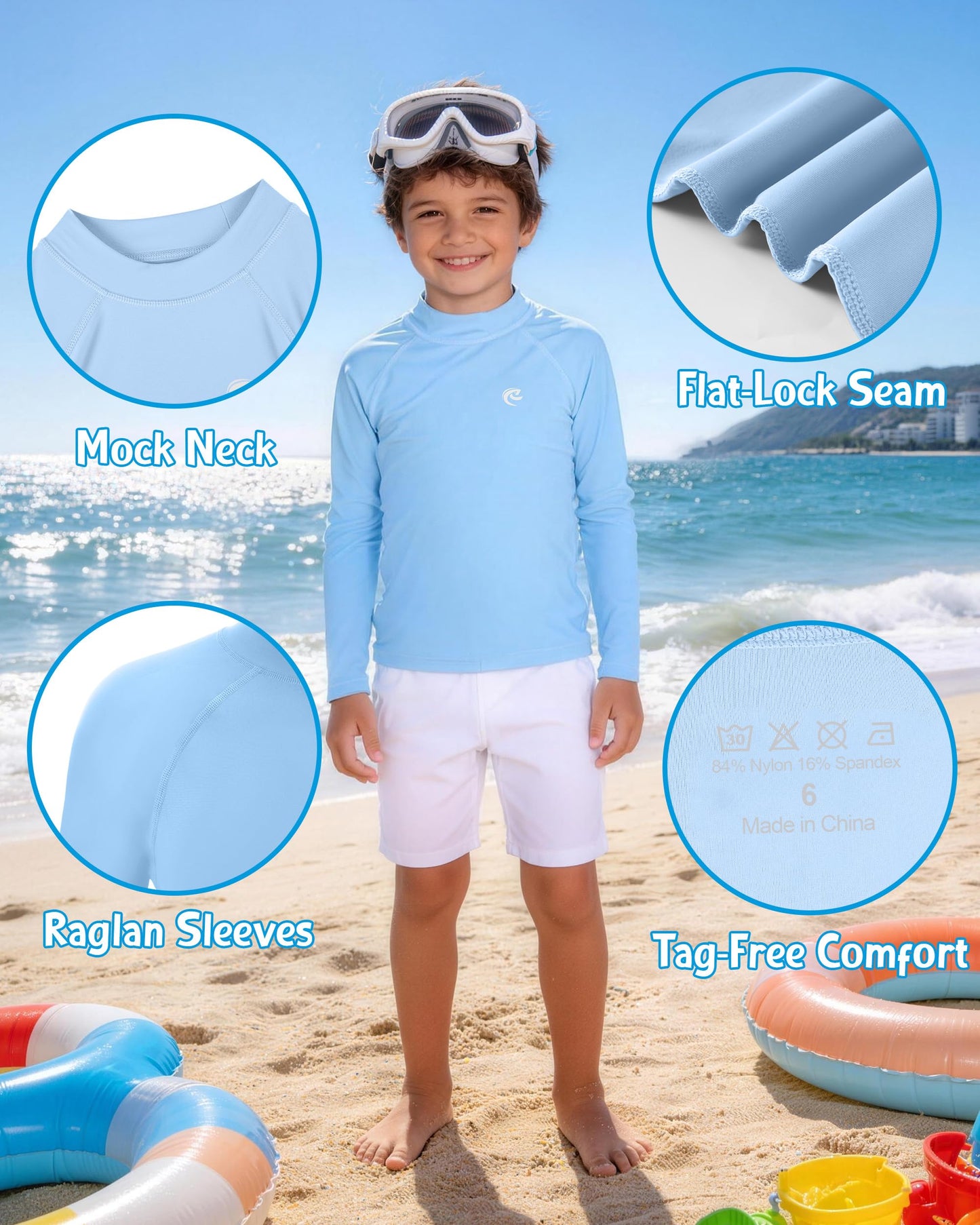 DRONIRING Boys' Long Sleeve Rash Guard, UPF 50+ Swim Shirt Toddler Kids, Quick Dry SPF UV Sun Protection Water Shirts for Beach Surf Swimming