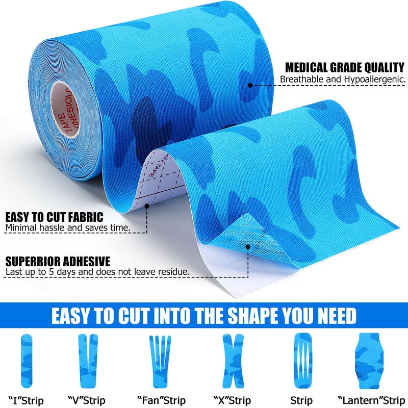 3 Pack Kinesiology Tape - Professional, Waterproof & Latex-Free Athletic Tape for Muscle & Joint Support on Knee, Ankle, Shoulder, Wrist During Sports, Swimming & Training - Blue Camo 4in x 5.5yd