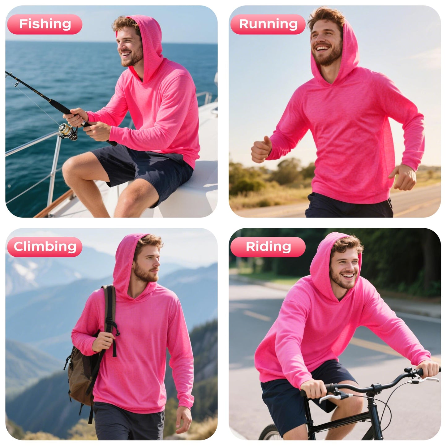 ProtectX High Visibility Sun Protection Lightweight Long Sleeve Hoodie, UPF 50+ Quick-Dry, SPF UV Shirt, Active Wear - Pink, Large