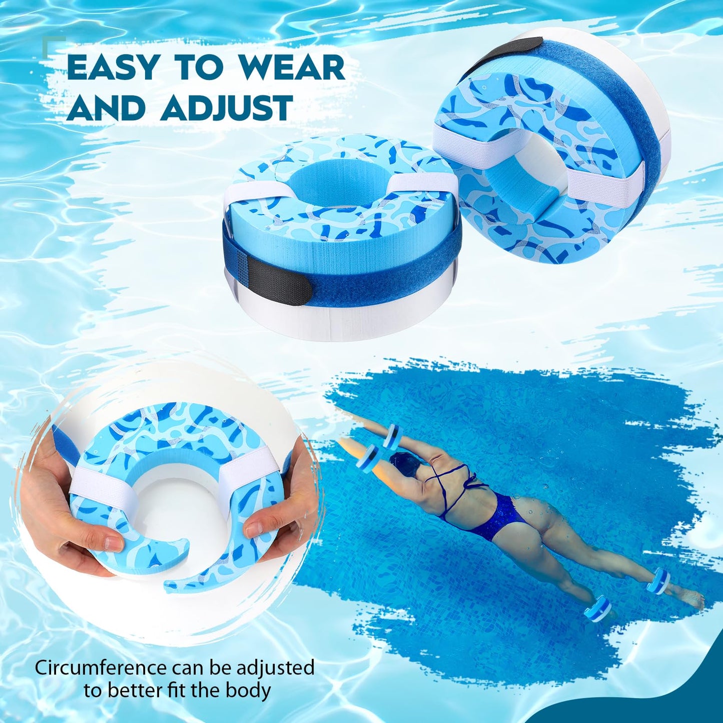 RoundFunny 2 Pcs Foam Swim Aquatic Cuffs Equipment Water Aerobics Float Ring with Detachable Hook and Loop Fastener Fitness Workout Set for Swimming Fitness Training Pool Exercise (Bright Color)