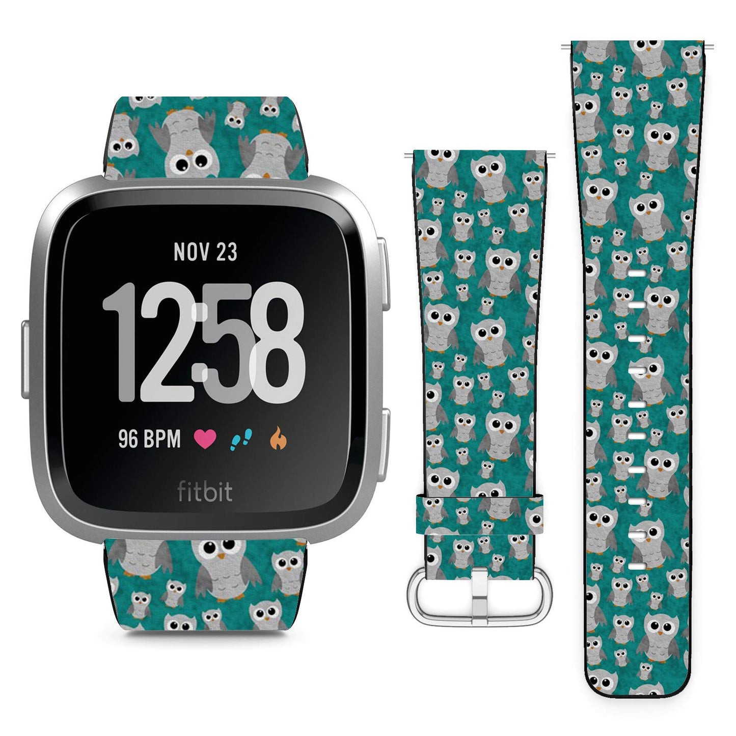 Compatible with Fitbit Versa, Versa 2, Versa Lite, Leather Replacement Bracelet Strap Wristband with Quick Release Pins // Gray Owls On Teal Textured