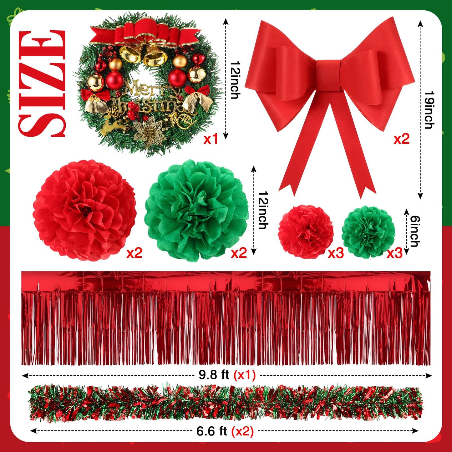 Suncalla 16 Pcs Christmas Golf Cart Decorations Christmas Wreath Red Foil Tinsel Banner Red Green Tissue Paper Pompoms Tinsel Garland Jumbo Bow Decoration for Golf Cart Party Supplies Decor