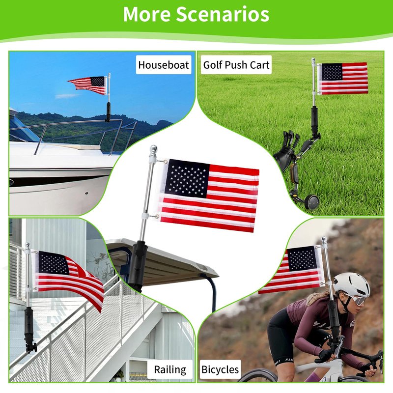 Cartalia Golf Cart Flag Holder and Flag Pole Mount Kit Universal for EZGO Club Car Yamaha, Heavy Duty Bracket for 0.7"-1.4" Round/Oval Square Rails, Golf Push Cart, Boat, Included USA Flags (12"×18")