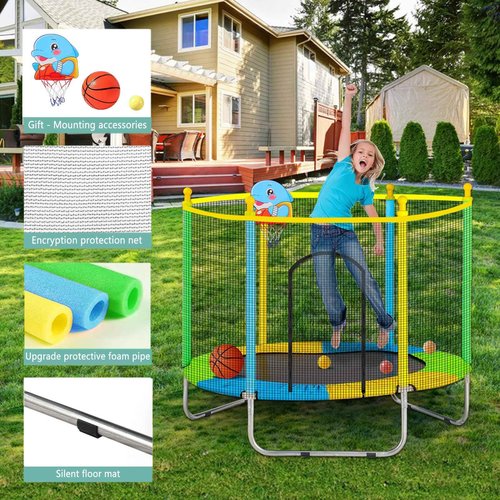 Juoe 5 FT Toddler Trampoline for Kids with Basketball Hoop & Ball, Indoor/Outdoor Rebounder with Enclosure Net, ASTM Approved, Supports Up to 440 lbs，Ideal Gift for Boys & Girls
