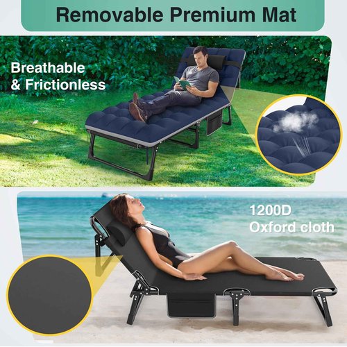 Suteck Folding Camping Cot, Adjustable 5+2 Positions Reclining Portable Outdoor Cot Heavy Duty Sleeping Bed Cots w/Pillow Mat Carry Bag, Chaise Lounge Chair for Home Office Nap Beach Pool Patio Travel