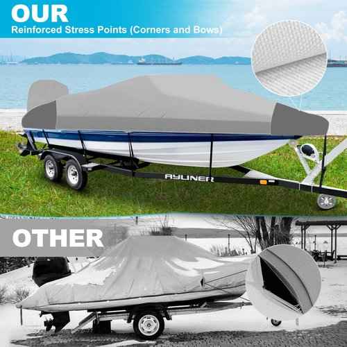 Boatpro Trailerable Boat Cover 14-16ft with Outboard Motor Cover, 900D Marine Canvas Waterproof & UV-Proof Heavy Duty Boat Covers for 14 feet 15ft 16' Foot V-Hull Bass Boat Runabout Boat, Gray