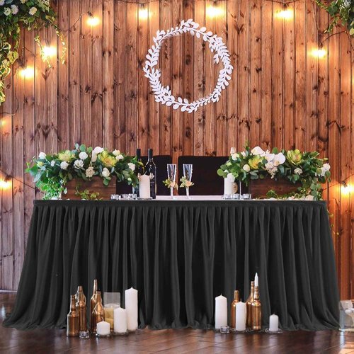 Partisky Black Polyester Table Skirt for Rectangle Tables 17ft, Wrinkle Resistant Pleated Ruffle Table Cloth for Banquet Wedding Trade Baby Shower Display Gift Dining Table