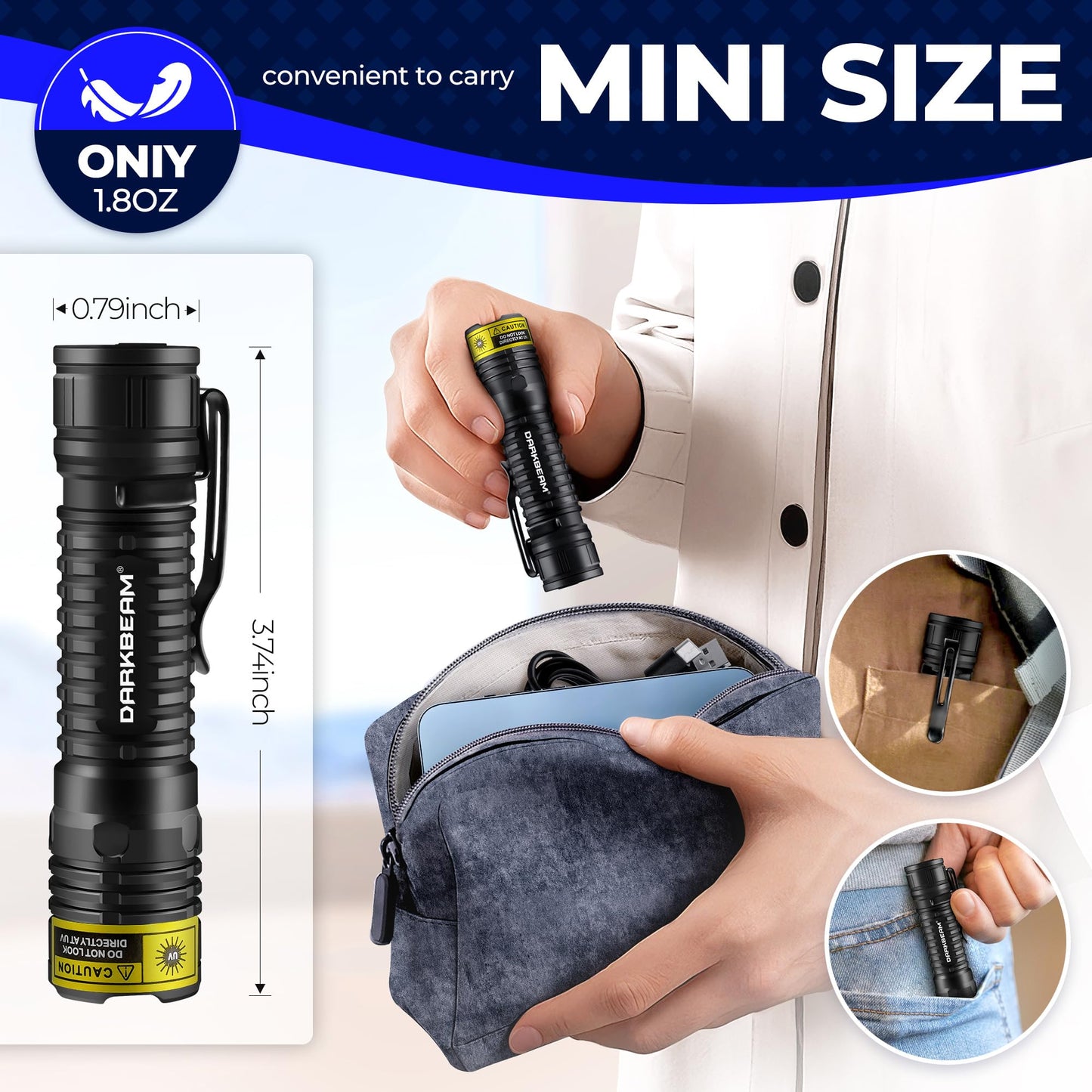 DARKBEAM UV Flashlight 365nm Blacklight LED Black Light, Mini but Powerful Woods Lamp Rechargeable Ultraviolet Flashlights USB -C, Pet Cat Urine Detector, for Uranium Glass, Rock, Resin Curing
