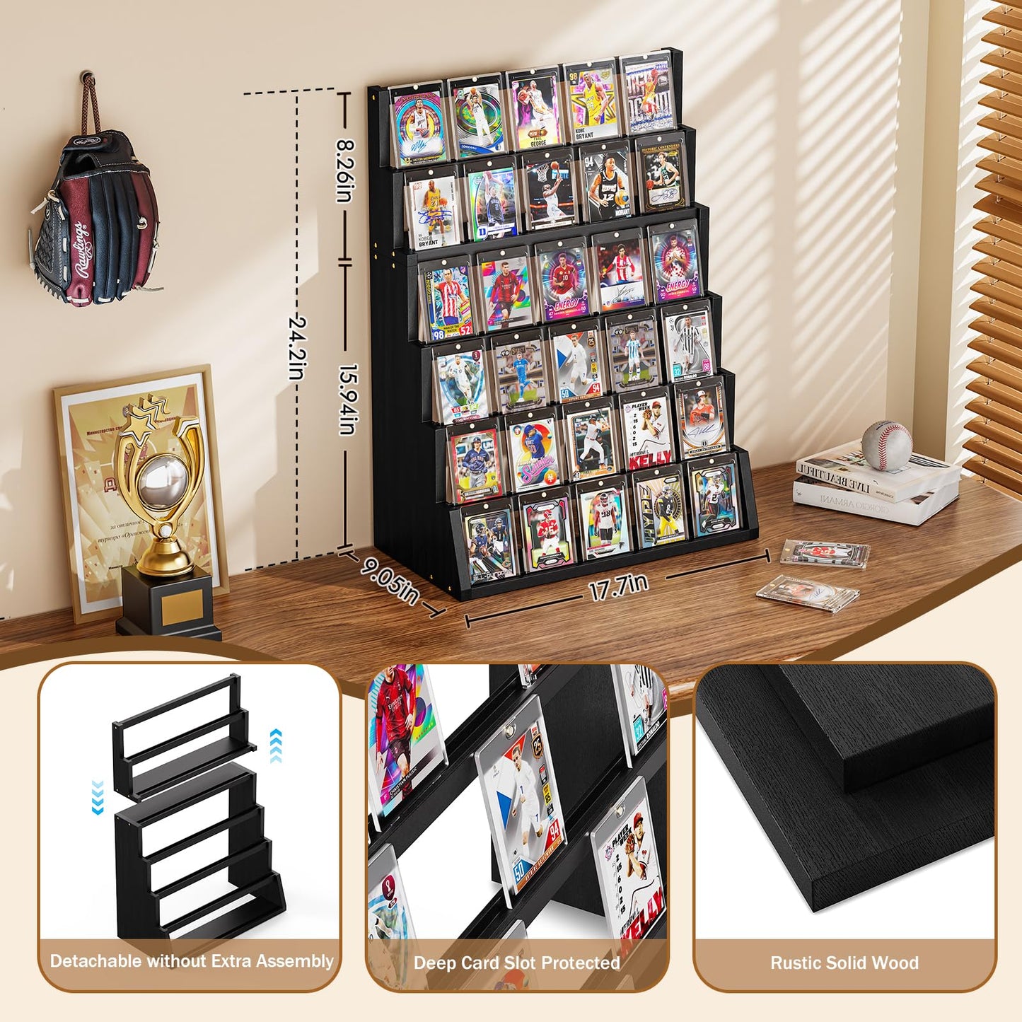 Emfogo Card Display Stand, 6-Tier Trading Card Display, Wood Detachable Graded Card Display with Top Storage, High Capacity Trading Card Display Stand for Collection & Show (Black)